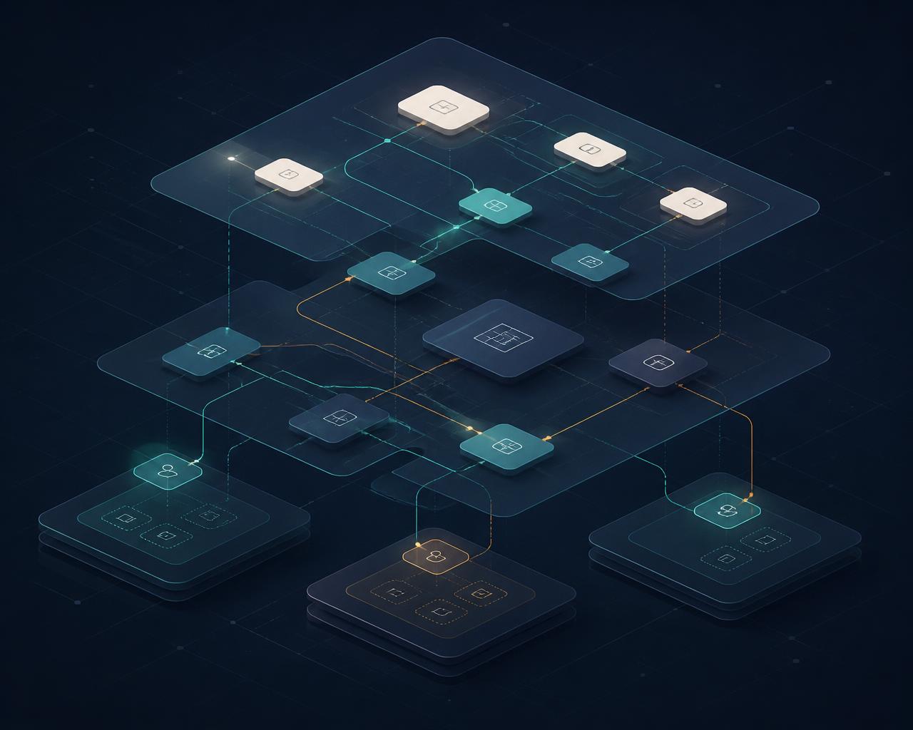 Abstract visualization of the LWILL platform: connected tenants, business modules, workflows and permissions
