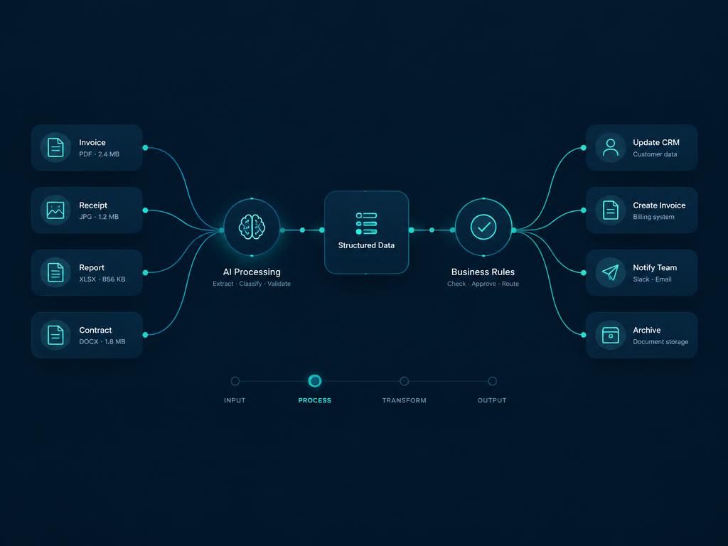 Diagram of documents flowing through an automated AI workflow