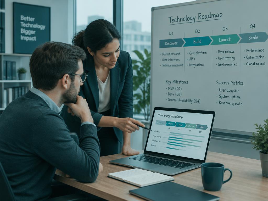 Consultants reviewing a technology roadmap on a laptop and whiteboard