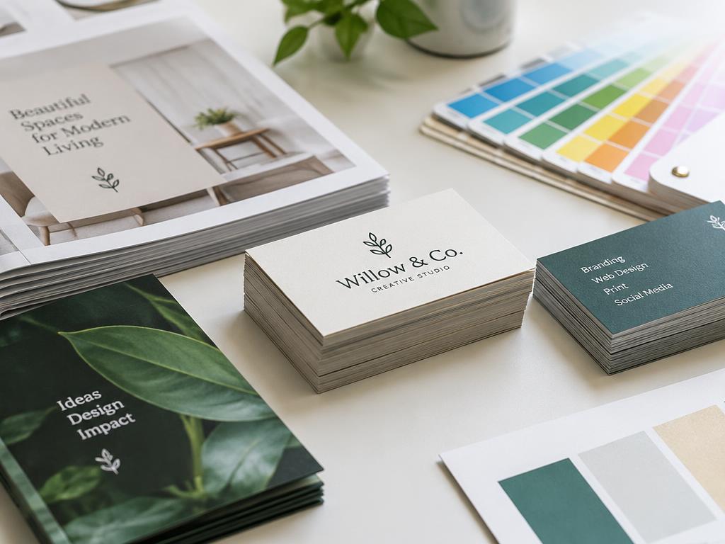 Printed business cards, brochures and colour swatches on a desk