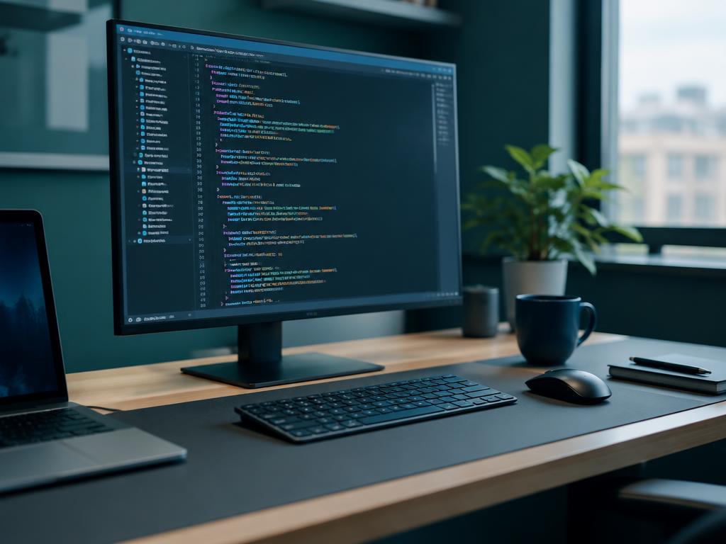 Developer workstation with code on a monitor